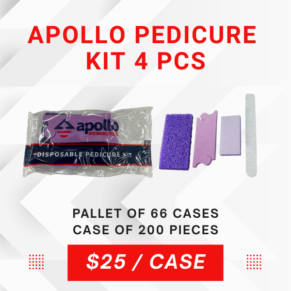 APOLLO | PEDICURE KIT 4 (FILE, BUFFER, PURPLE PUMI STONE, TOE SEPARATOR) – PALLET OF 66 CASES, 200/CASE