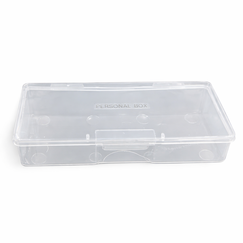 Clear plastic storage box labeled 'Personal Box' on a white background