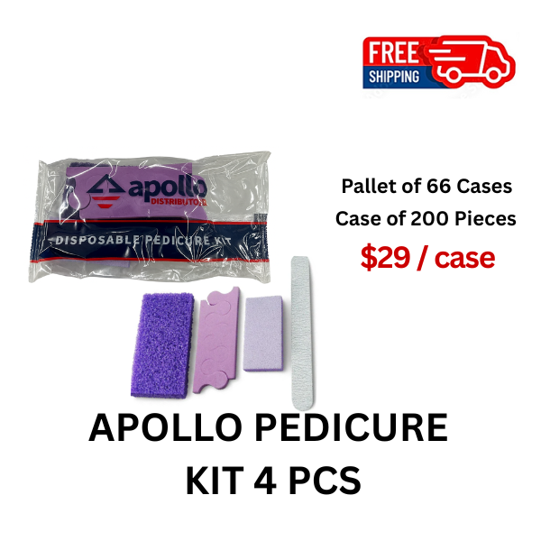 APOLLO | PEDICURE KIT 4 (FILE, BUFFER, PURPLE PUMI STONE, TOE SEPARATOR) – PALLET OF 66 CASES, 200/CASE
