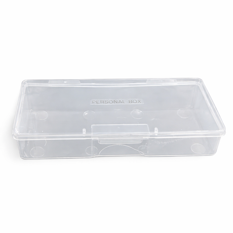 Clear plastic storage box labeled 'Personal Box' on a white background